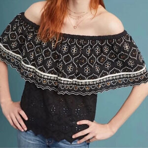 Hemant Nandita Marva Off Shoulder Eyelet Top Black